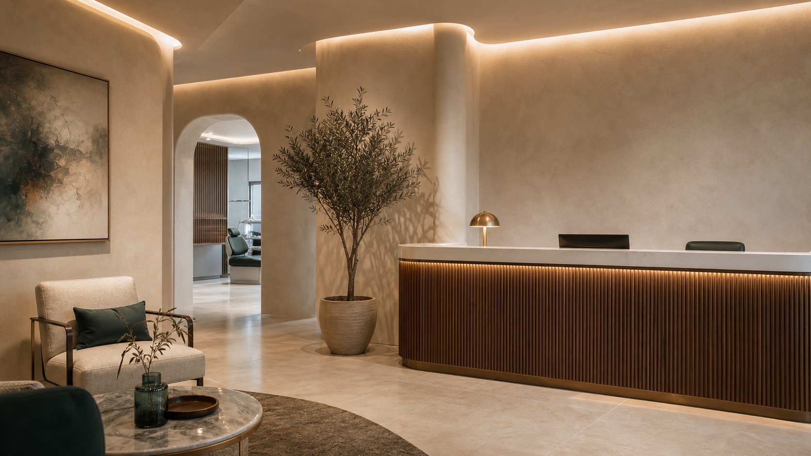 Warm architectural concept for a contemporary dental clinic reception